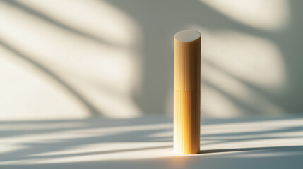 wooden tube sits on a table against a white background. sunlight streams through a window,casting a shadow pattern on table,copy space
