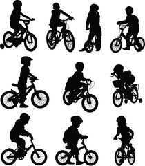 Fototapeta premium Set of silhouette of children riding bicycle illustration. Toddler play a bike outdoor.
