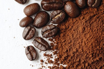 Coffee beans and ground coffee arranged on a surface.