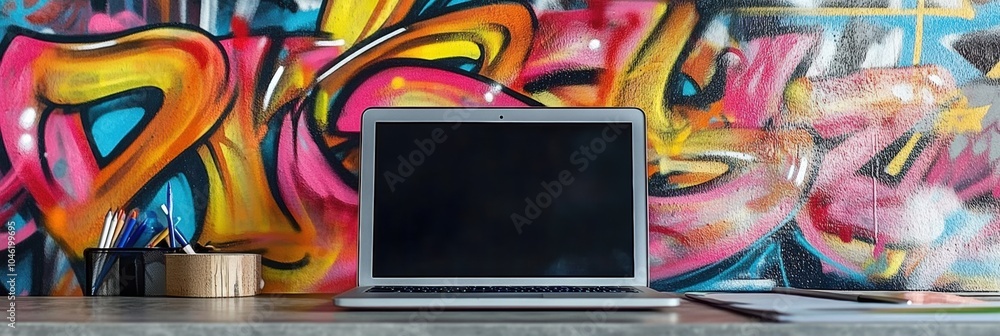 Poster a sleek laptop sits on a desk next to colorful graffiti art, creating a vibrant urban workspace duri