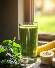 Fresh Green Spinach Banana Smoothie in Clear Glass