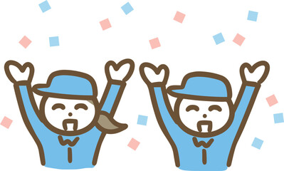 万歳して喜んでいる作業服の男女