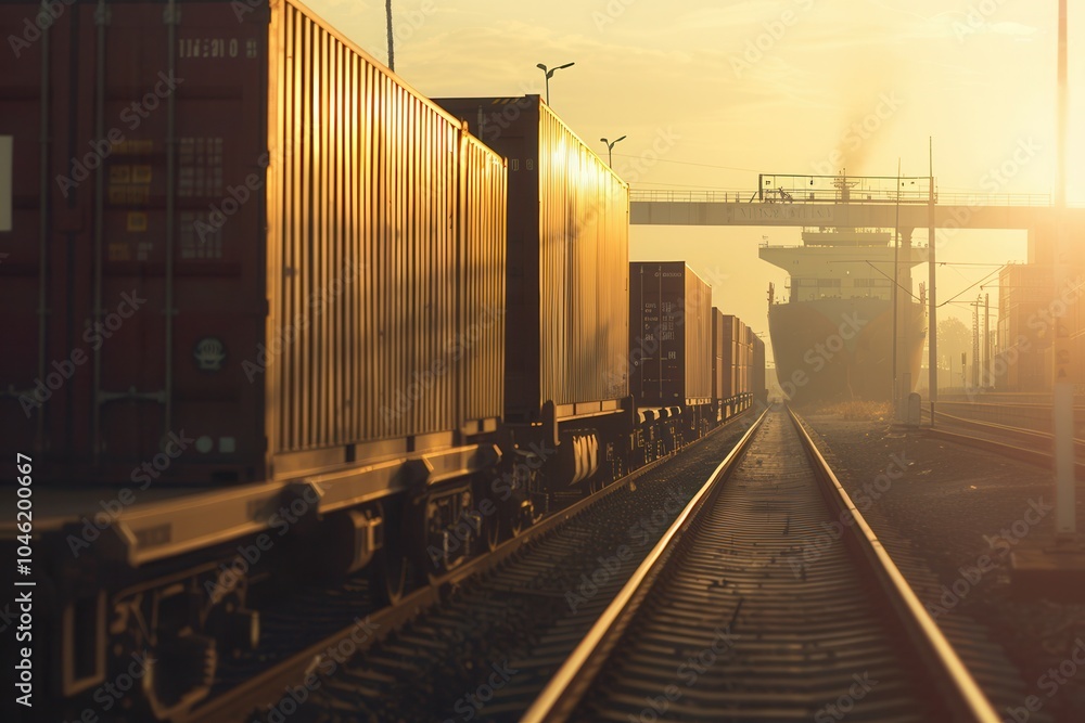 Poster Containers are being transferred between a truck and a train at a transport facility during sunset, showcasing efficient logistics. Generative AI