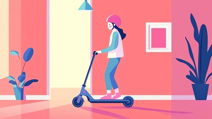 A young woman riding a scooter indoors, surrounded by vibrant colors and plants.