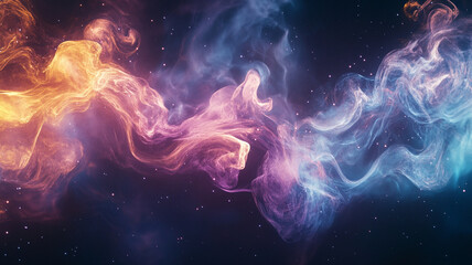 Fototapeta premium Ethereal swirling smoke in vibrant colors of orange, pink, and blue creates mesmerizing cosmic effect, evoking sense of wonder and tranquility