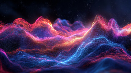 Vibrant 3D abstract waves flowing through digital landscape, showcasing mesmerizing blend of colors and light. dynamic flow creates emotional and immersive experience
