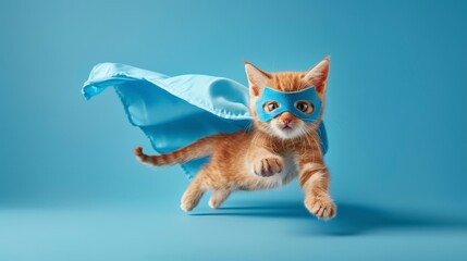 Fototapeta premium A playful orange kitten in a superhero costume, flying with a blue cape against a light background.