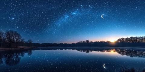 Fototapeta premium Serene Night Sky with Stars and Crescent Moon Reflection