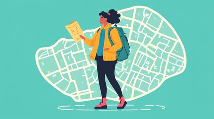 Young woman exploring a map while backpacking in vibrant city on a teal background.