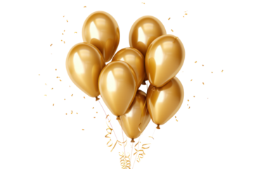 Bright golden balloons shaped as 2025 with confetti and streamers isolated on white background