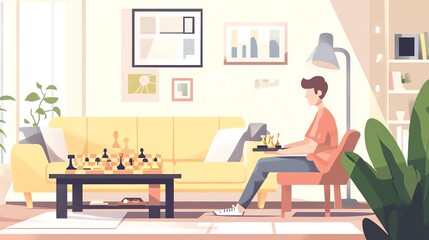 A person playing chess in a cozy living room with a modern design and bright colors.