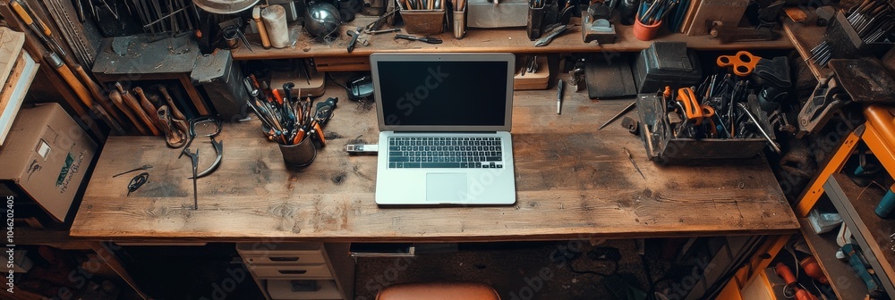Poster a minimalist wooden desk holds a laptop surrounded by tools and supplies, creating an inspiring work