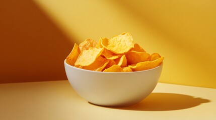 Crispy Potato Chips in a White Bowl on Yellow Background