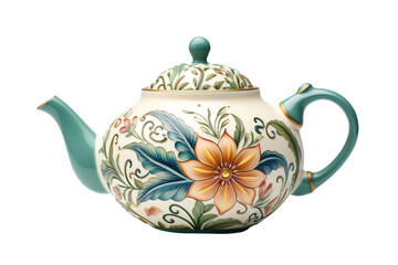 Classic porcelain teapot with intricate floral patterns isolated on white background