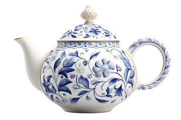 Classic porcelain teapot with intricate floral patterns isolated on white background