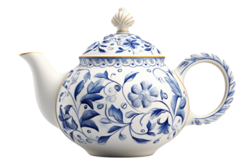 Classic porcelain teapot with intricate floral patterns isolated on white background