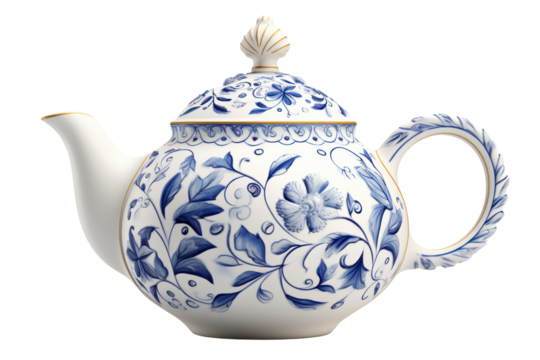 Classic porcelain teapot with intricate floral patterns isolated on white background