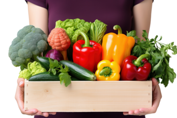 Close-up of a farmer's hands holding a box of vibrant, colorful vegetables as a woman reaches to take it isolated on white background