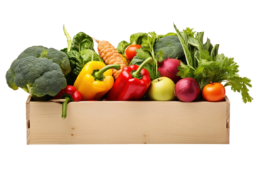 Close-up of a farmer's hands holding a box of vibrant, colorful vegetables as a woman reaches to take it isolated on white background