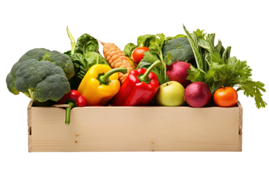 Close-up of a farmer's hands holding a box of vibrant, colorful vegetables as a woman reaches to take it isolated on white background