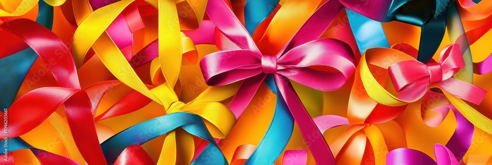 Leinwandbilder a lively display of bright ribbons and bows intersects, showcasing a joyful and festive pattern suit