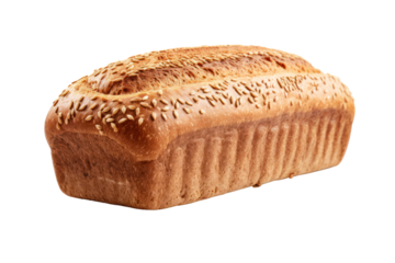 Close-up of a whole rye bread loaf covered with sesame seeds, highlighting its texture, isolated on a white background