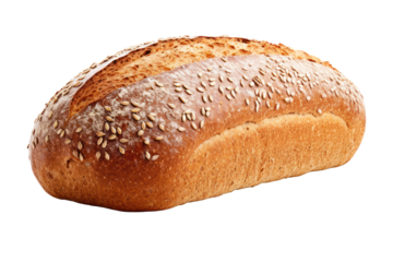 Close-up of a whole rye bread loaf covered with sesame seeds, highlighting its texture, isolated on a white background