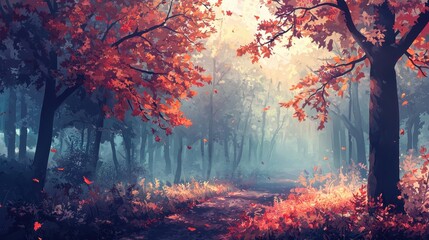Dreamy Autumn Forest with Vibrant Leaves