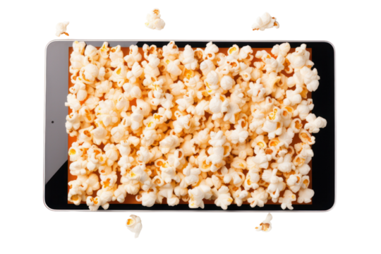Digital tablet with a movie paused on the screen surrounded by popcorn isolated on white background