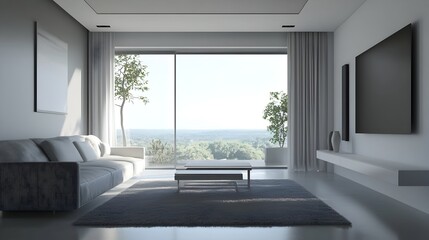 Fototapeta premium Serene and Minimalist Living Room with Panoramic Nature View