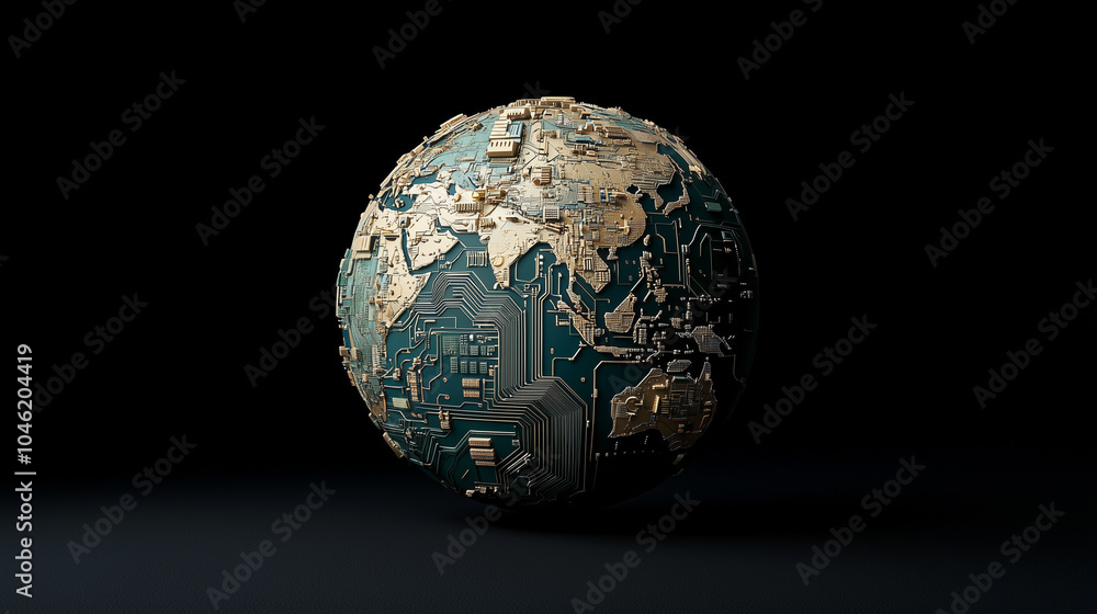 Poster digital earth: a mesmerizing 3d render of planet earth crafted from intricate circuit boards, symbol