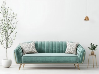 Velvet rose sofa with gold legs and cute patterned pillows, surrounded by soft, light decor in a cozy living room, sofa, elegant and charming
