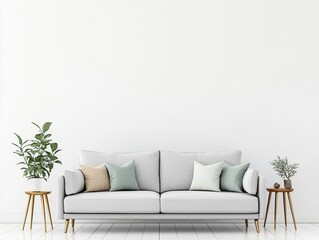 Naklejka premium Sleek grey sofa with cute pastel pillows, placed in a modern living room with gold accents, sofa, charming and stylish