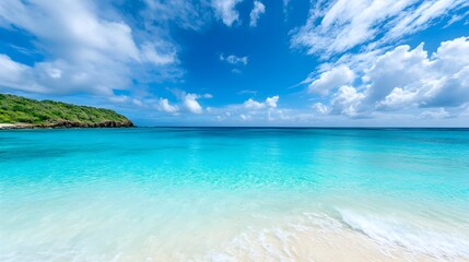 Fototapeta premium Breathtaking Turquoise Waters and Lush Coastal Landscape on Sunny Tropical Paradise