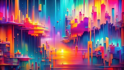 Colorful retro abstract background with glitch textures and modernist shapes created using fractals