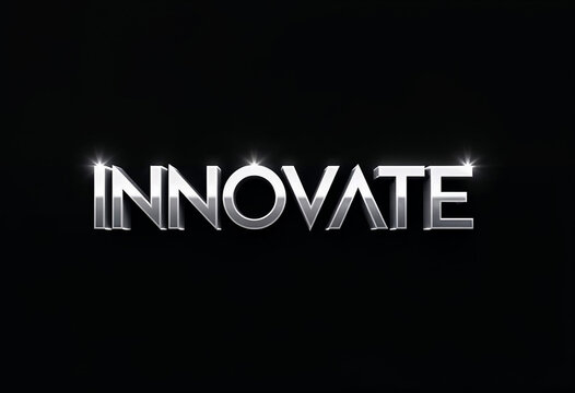 "Innovate": Create bold, 3D text with vibrant colors, using a shiny, glossy metallic or gradient effect. The word 'Innovate' should appear large in the center