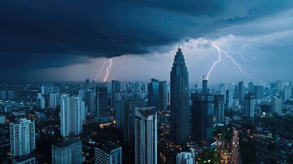 Fototapeta premium A dramatic cityscape with stormy skies and lightning illuminating skyscrapers.
