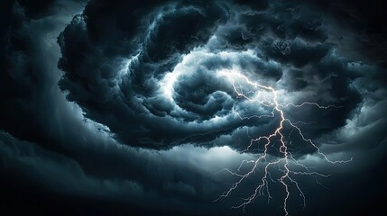 Dramatic storm clouds with swirling patterns and lightning striking in dark skies.
