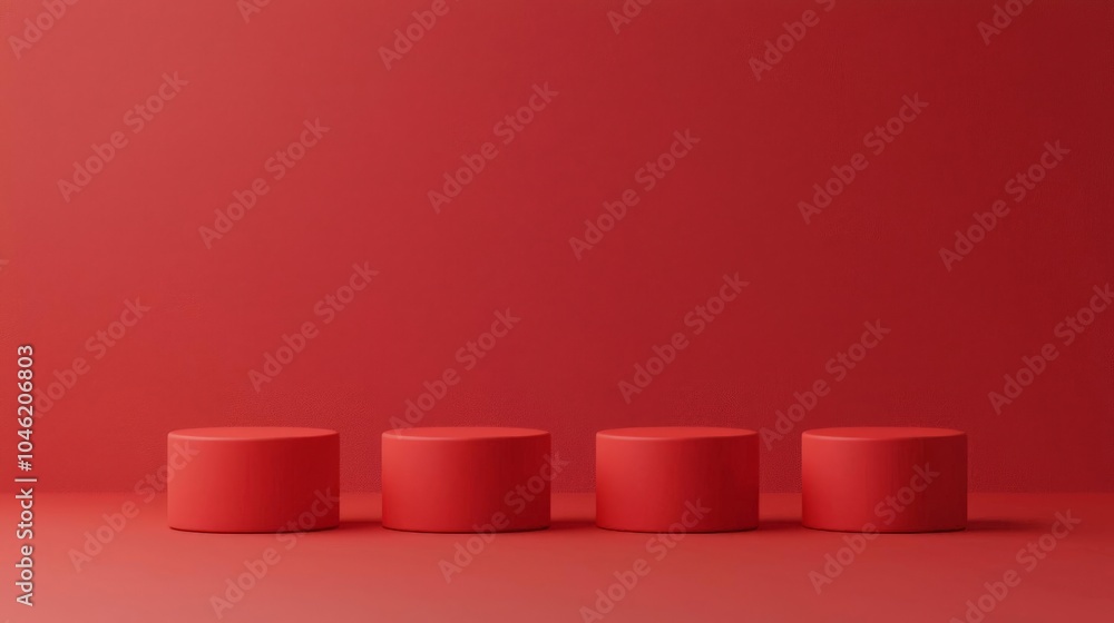 Poster four red cylindrical podiums on a red background minimalist design for product display or presentati