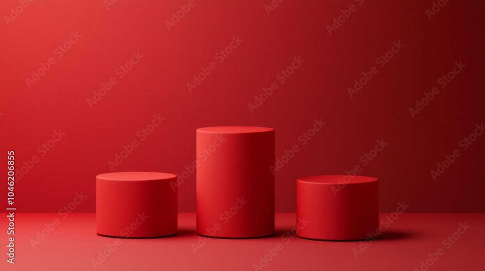 Poster red cylindrical podiums on a red background minimalist design for product display 3d rendering