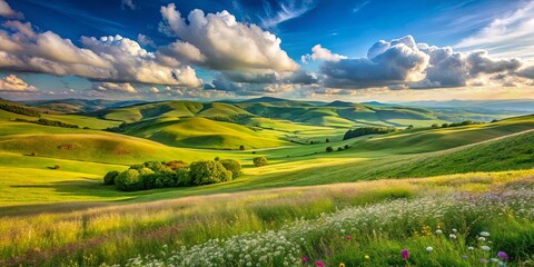Obraz premium A Verdant Panorama of Rolling Hills and Lush Meadows Under a Sky Adorned with Majestic Clouds