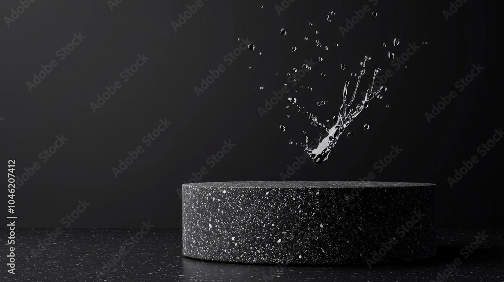 Poster black stone podium with water splash mock up for product 3d rendering