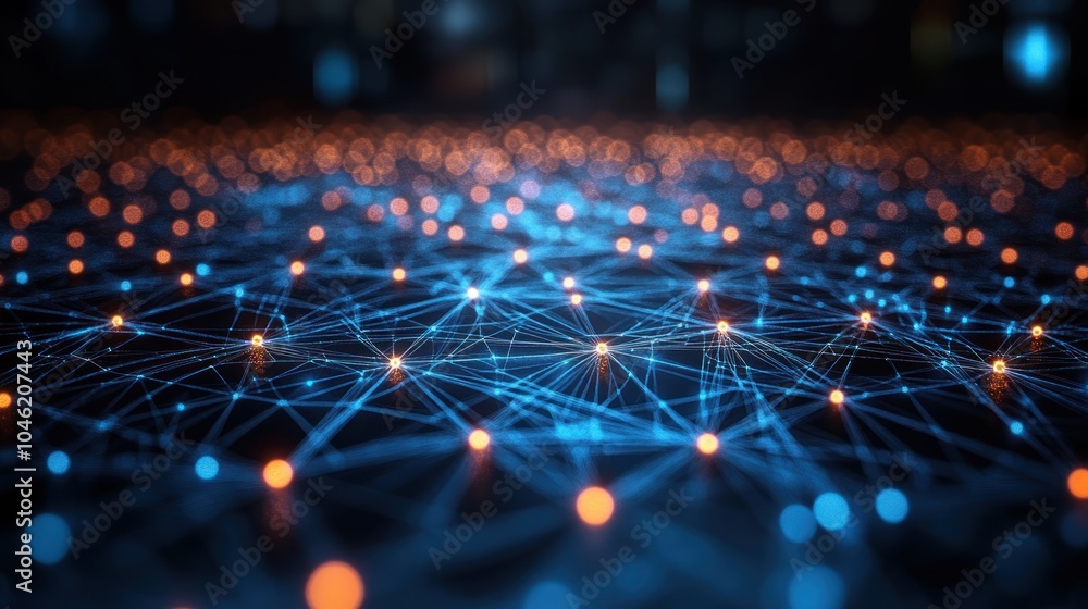 Poster abstract network of glowing nodes and connections on a dark background.