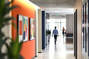 Fototapeta premium A modern office hallway adorned with artwork and motivational quotes. Employees walk through a vibrant space that promotes positivity and creativity