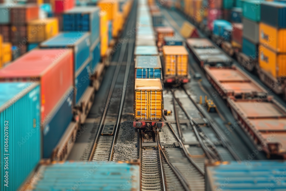 Poster Containers are being transferred from a truck to a train at a bustling freight yard, highlighting efficient transport systems. Generative AI