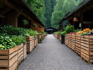Naklejka premium Rustic openplan rural market with wooden stalls and gravel paths, nestled in a wooded area near farms, rural market, simple and natural
