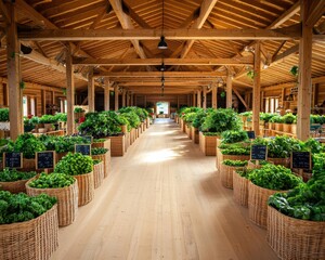 Fototapeta premium Barnstyle rural market with wooden beams and spacious stalls, placed in a village surrounded by farms, rural market, rustic and welcoming