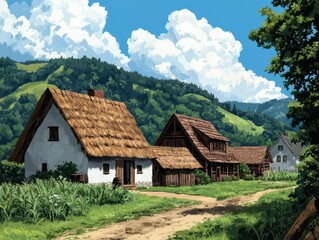 Obraz premium Timberframed rural market with thatched roofing and open spaces, set in a lush valley, rural market, traditional and charming