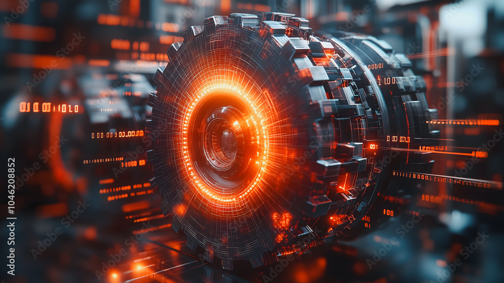 Poster a computer generated image of a wheel with a glowing orange center. the image has a futuristic and t