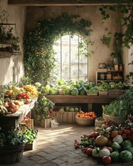 Obraz premium Organic Fruits and Vegetables in Rustic Setting